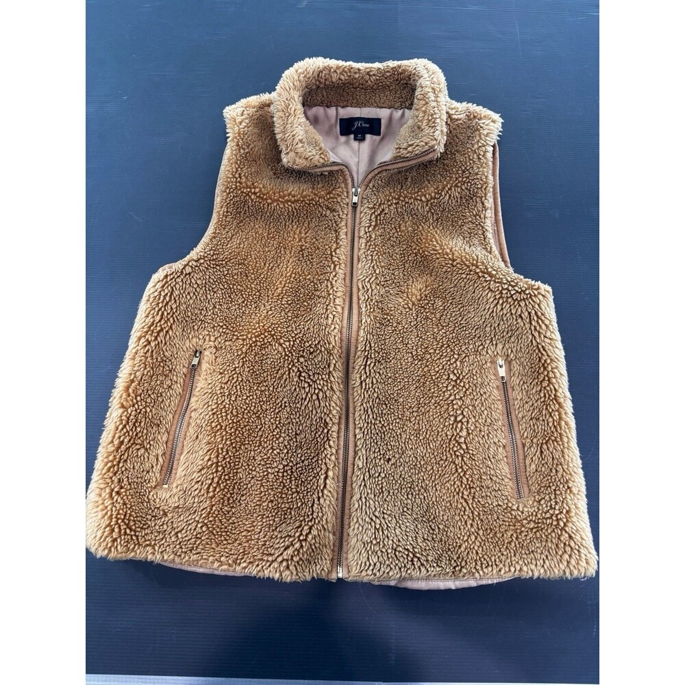 J.Crew Excursion Teddy thick plush fleece vest Women Med. Butterscotch/ Gold Zip